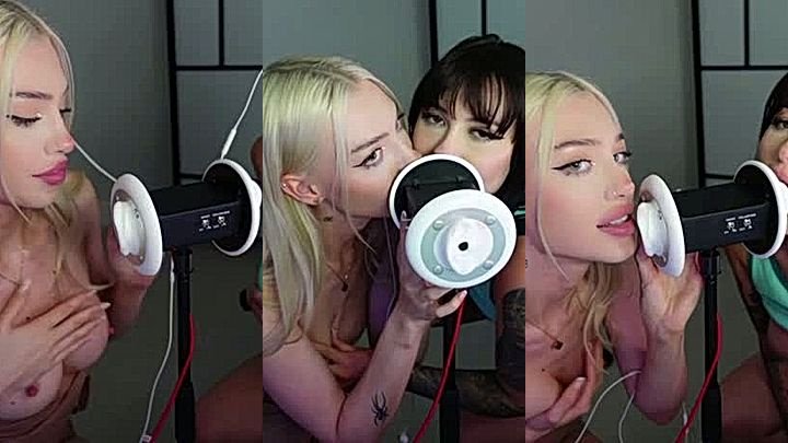 2 sexy model ASMR licking the microphone and playing with their small tits