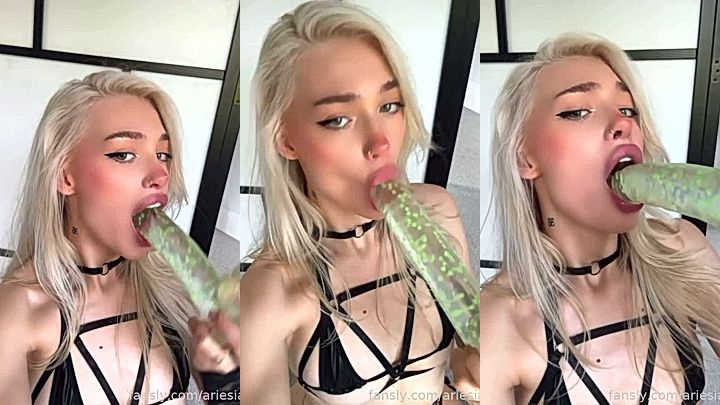 onlyfans model Ari Baby sucking on a huge dildo on camera