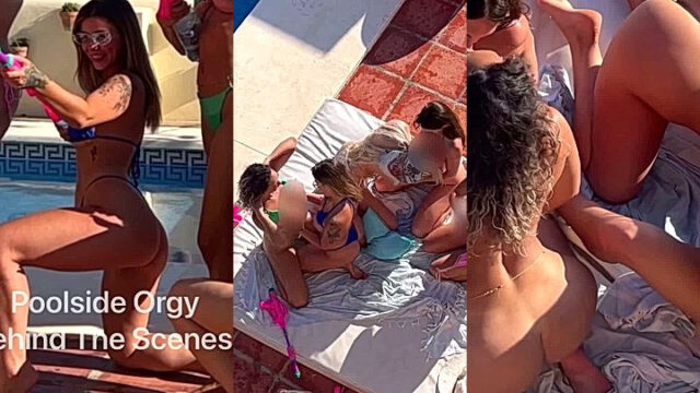 5 sexy nude models kissing and rubbing theire pussy against each other