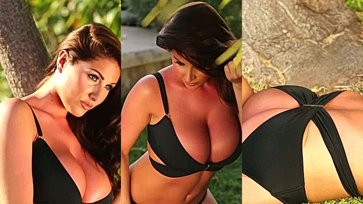 Lucy Pinder posing for the camera pulling her bra down showing off her tits