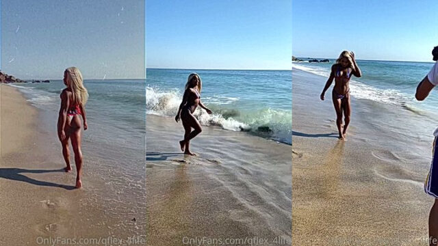 Qimmah Russo walking on the beach in a sexy bikini