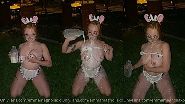 Emma Magnolia in a sexy lingerie opens up her bra to show off her small tits