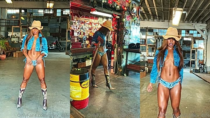 Qimmah Russo posing in a cowgirl costume showing off her athletic legs and small ass