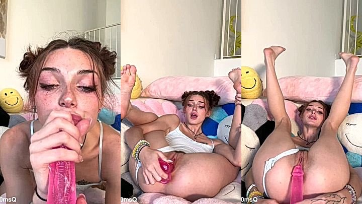 Shrooms Q fucking herself with a big pink dildo